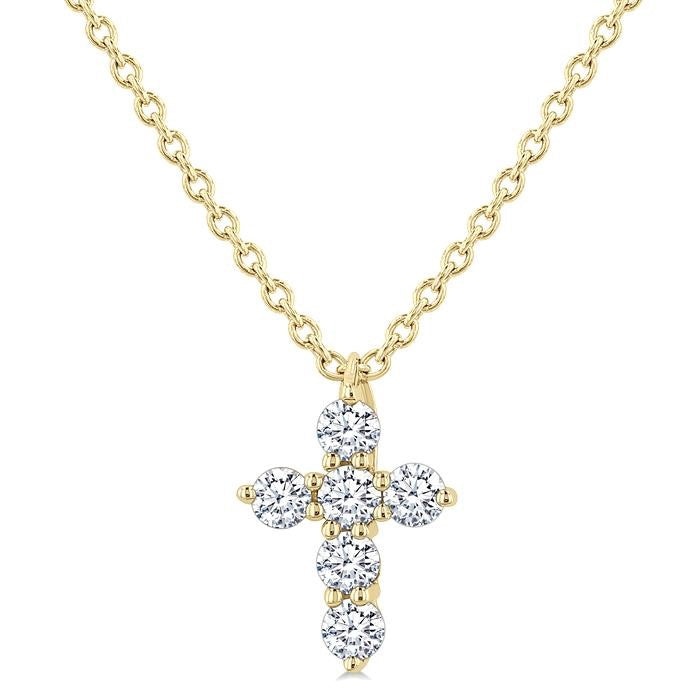 1/6 Ctw Round Cut Diamond Christian Cross 6-Stone Fashion Pendant With Chain in 14K Yellow Gold