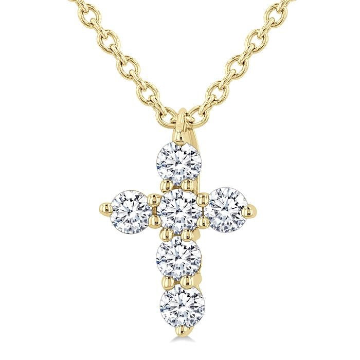 1/6 Ctw Round Cut Diamond Christian Cross 6-Stone Fashion Pendant With Chain in 14K Yellow Gold