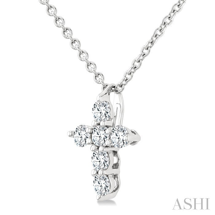 1/6 Ctw Round Cut Diamond Christian Cross 6-Stone Fashion Pendant With Chain in 14K White Gold