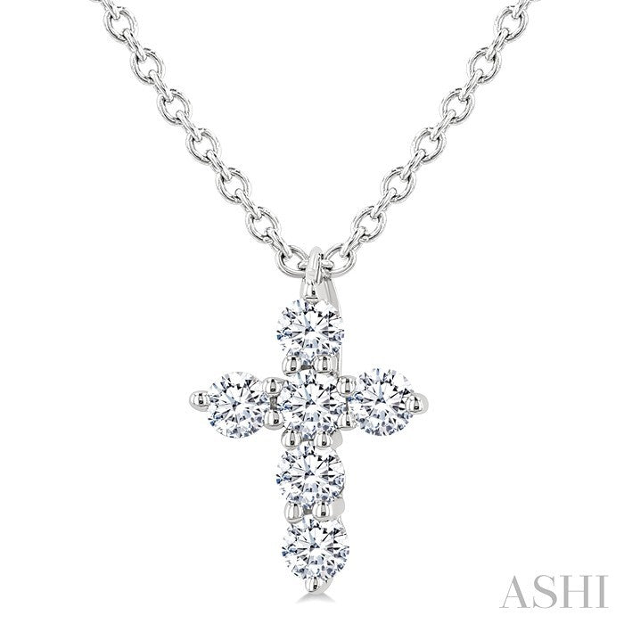 1/6 Ctw Round Cut Diamond Christian Cross 6-Stone Fashion Pendant With Chain in 14K White Gold