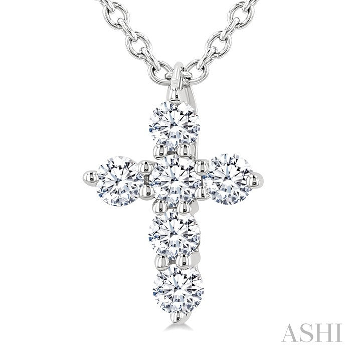 1/6 Ctw Round Cut Diamond Christian Cross 6-Stone Fashion Pendant With Chain in 14K White Gold