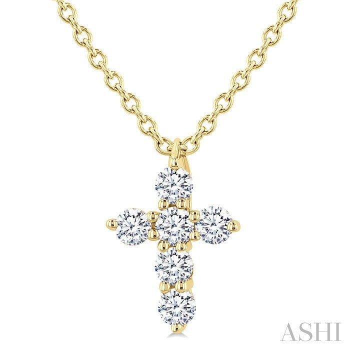 1/6 Ctw Round Cut Diamond Christian Cross 6-Stone Fashion Pendant With Chain in 14K Yellow Gold