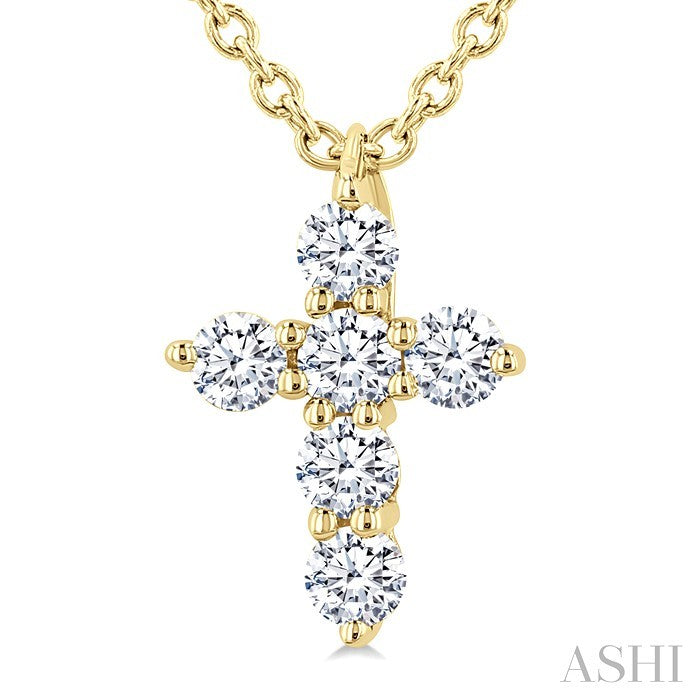 1/6 Ctw Round Cut Diamond Christian Cross 6-Stone Fashion Pendant With Chain in 14K Yellow Gold