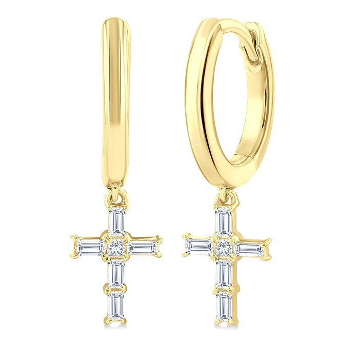 1/5 Ctw Princess and Baguette Cut Diamond Cross Petite Fashion Hoop Earrings in 10K Yellow Gold