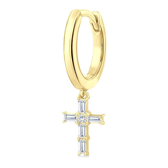 1/5 Ctw Princess and Baguette Cut Diamond Cross Petite Fashion Hoop Earrings in 10K Yellow Gold