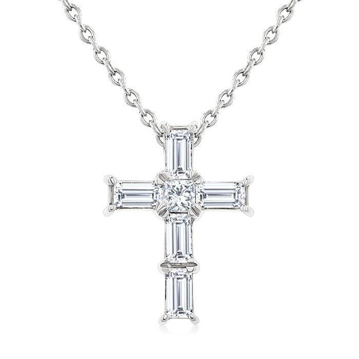 1/6 Ctw Princess and Baguette Cut Diamond Cross Petite Fashion Pendant With Chain in 10K White Gold
