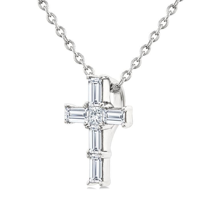 1/6 Ctw Princess and Baguette Cut Diamond Cross Petite Fashion Pendant With Chain in 10K White Gold