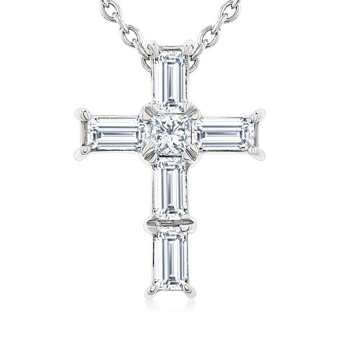 1/6 Ctw Princess and Baguette Cut Diamond Cross Petite Fashion Pendant With Chain in 10K White Gold