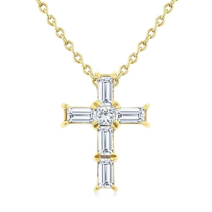 1/6 Ctw Princess and Baguette Cut Diamond Cross Petite Fashion Pendant With Chain in 10K Yellow Gold