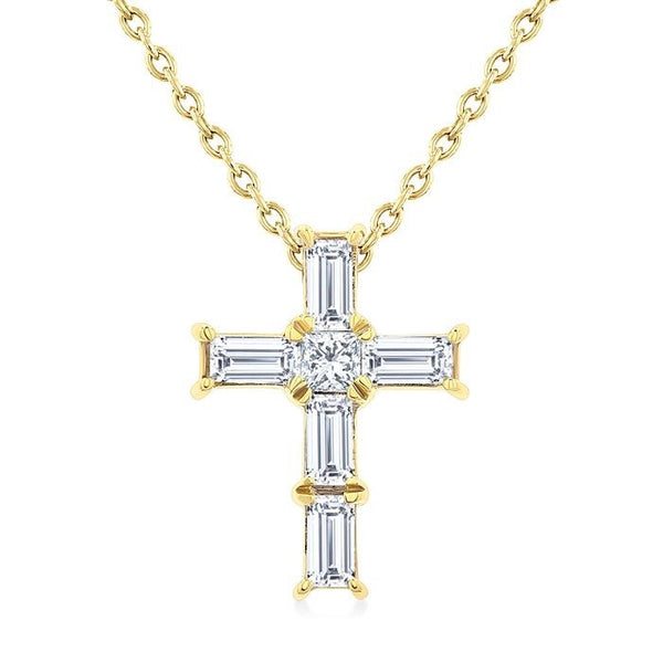 1/6 Ctw Princess and Baguette Cut Diamond Cross Petite Fashion Pendant With Chain in 10K Yellow Gold