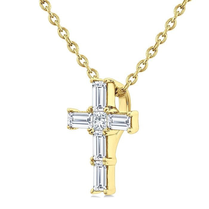 1/6 Ctw Princess and Baguette Cut Diamond Cross Petite Fashion Pendant With Chain in 10K Yellow Gold