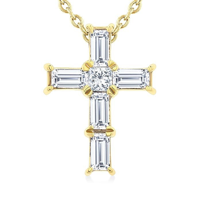 1/6 Ctw Princess and Baguette Cut Diamond Cross Petite Fashion Pendant With Chain in 10K Yellow Gold