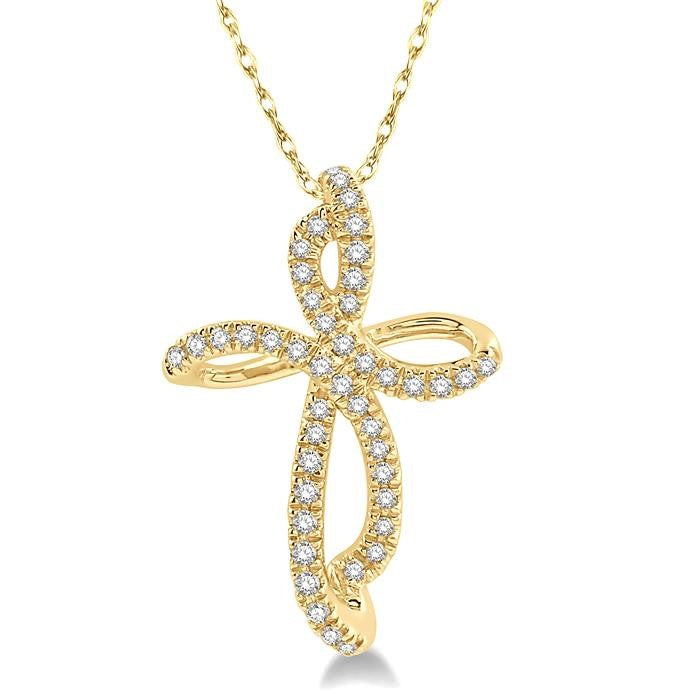 1/6 Ctw Twirl Pattern Cross Round Cut Diamond Pendant With Link Chain in 10K Yellow Gold