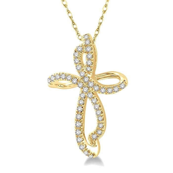 1/6 Ctw Twirl Pattern Cross Round Cut Diamond Pendant With Link Chain in 10K Yellow Gold