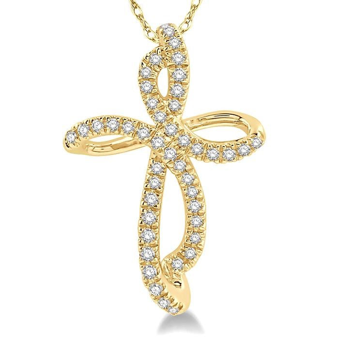 1/6 Ctw Twirl Pattern Cross Round Cut Diamond Pendant With Link Chain in 10K Yellow Gold