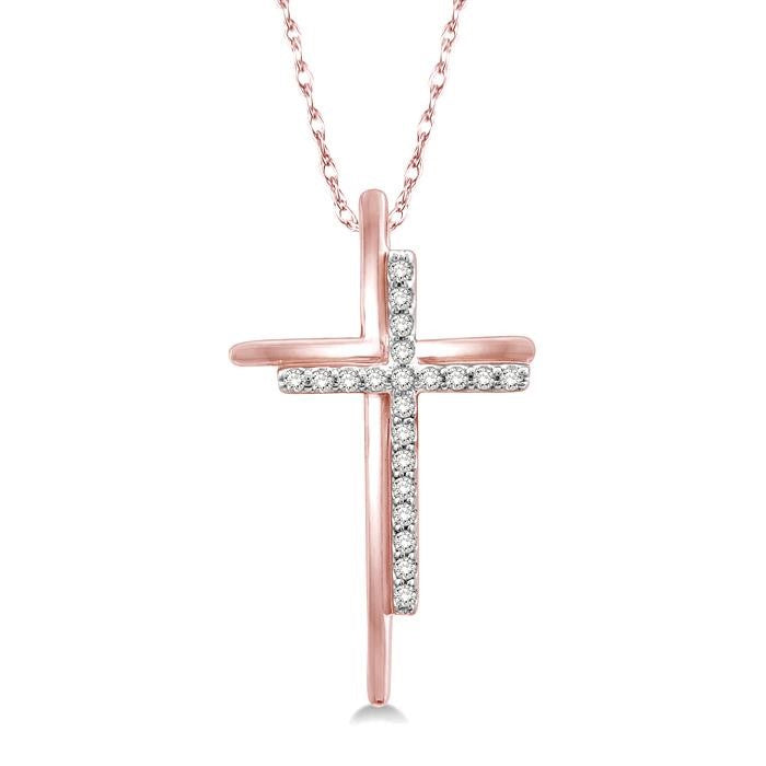 1/10 Ctw Double Cross Round Cut Diamond Pendant With Link Chain in 10K Rose Gold