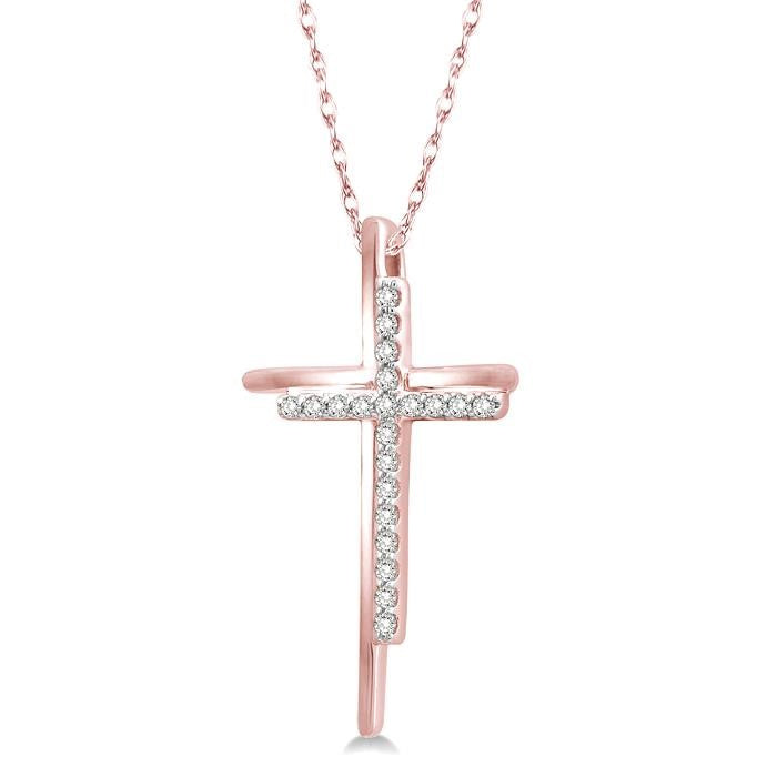 1/10 Ctw Double Cross Round Cut Diamond Pendant With Link Chain in 10K Rose Gold