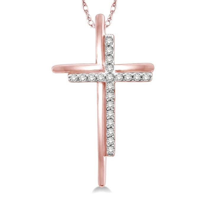 1/10 Ctw Double Cross Round Cut Diamond Pendant With Link Chain in 10K Rose Gold