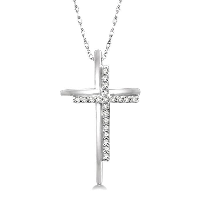 1/10 Ctw Double Cross Round Cut Diamond Pendant With Link Chain in 10K White Gold