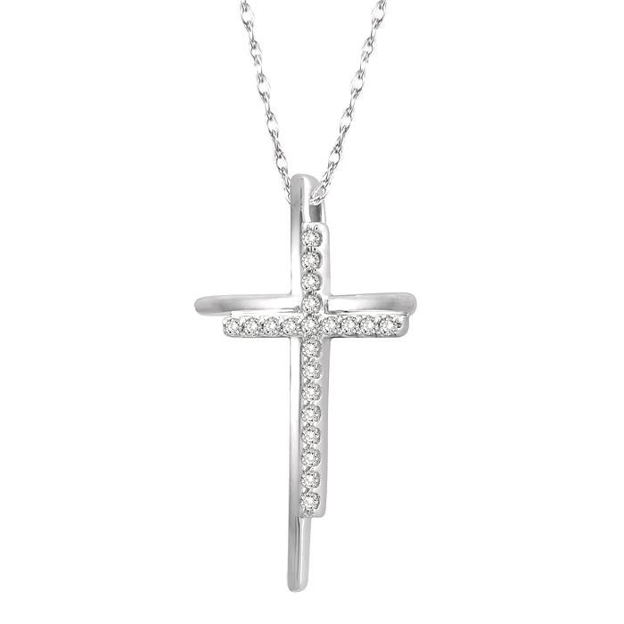 1/10 Ctw Double Cross Round Cut Diamond Pendant With Link Chain in 10K White Gold