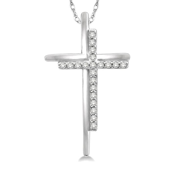 1/10 Ctw Double Cross Round Cut Diamond Pendant With Link Chain in 10K White Gold