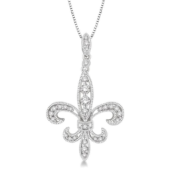1/3 Ctw Round Cut Diamond Fleur De Lis Pendant in 14K White Gold with Chain