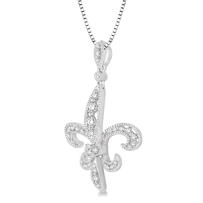 1/3 Ctw Round Cut Diamond Fleur De Lis Pendant in 14K White Gold with Chain