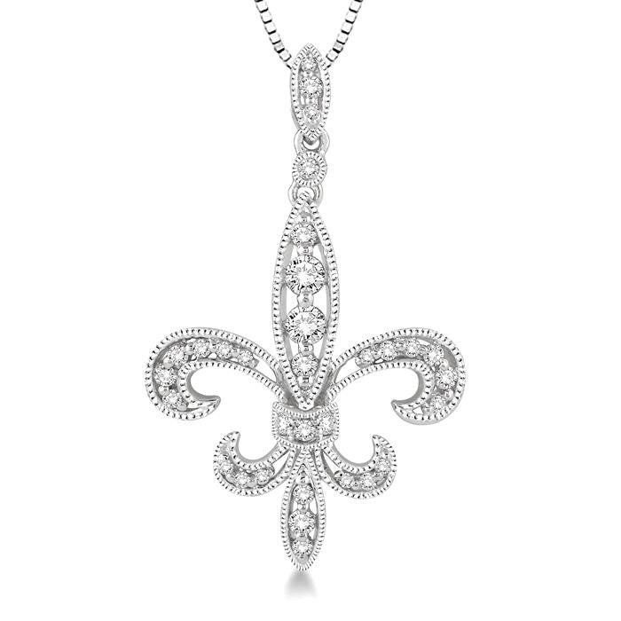 1/3 Ctw Round Cut Diamond Fleur De Lis Pendant in 14K White Gold with Chain