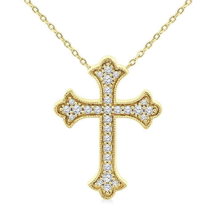 1/5 Ctw Round Cut Diamond Cross Petite Fashion Pendant With Chain in 10K Yellow Gold