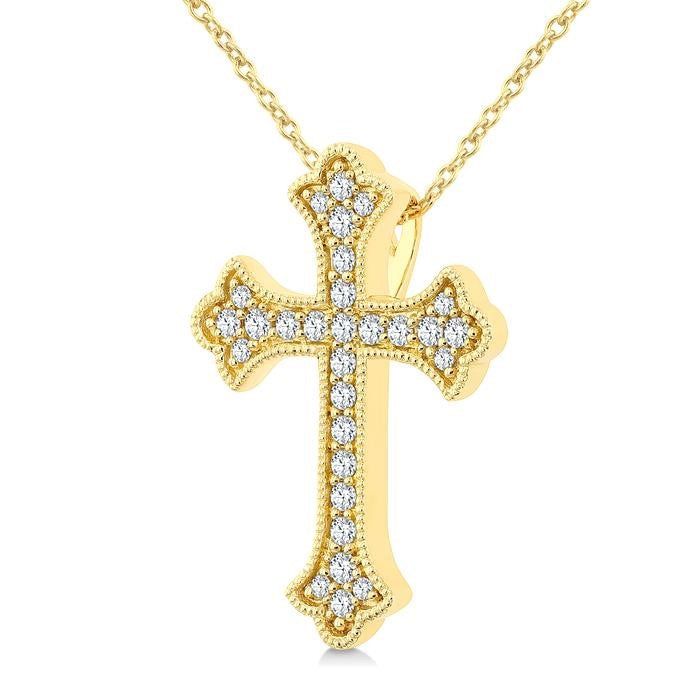1/5 Ctw Round Cut Diamond Cross Petite Fashion Pendant With Chain in 10K Yellow Gold