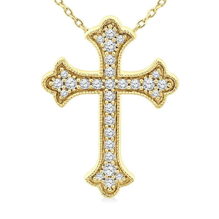 1/5 Ctw Round Cut Diamond Cross Petite Fashion Pendant With Chain in 10K Yellow Gold