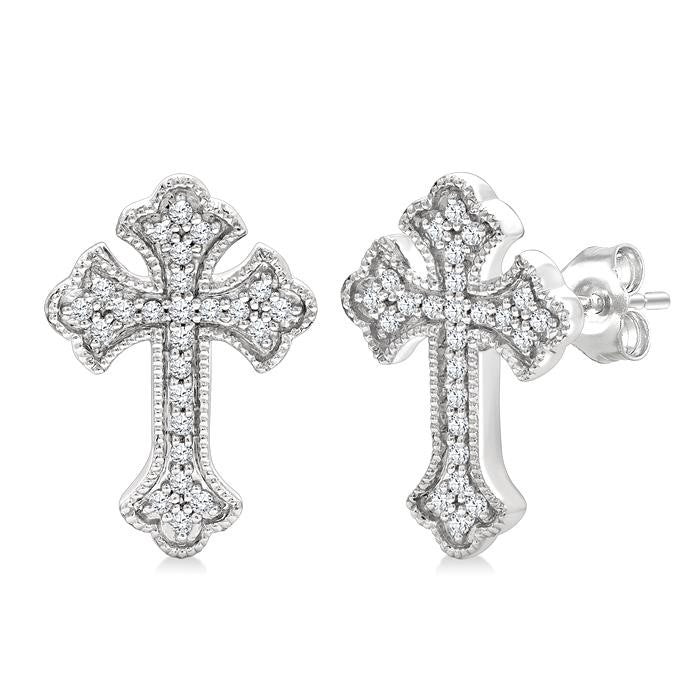 1/6 Ctw Round Cut Diamond Cross Petite Fashion Earrings in 10K White Gold