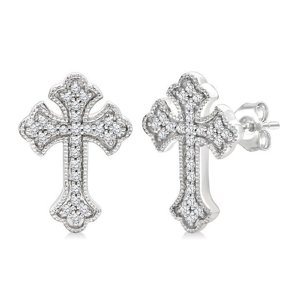 1/6 Ctw Round Cut Diamond Cross Petite Fashion Earrings in 10K White Gold