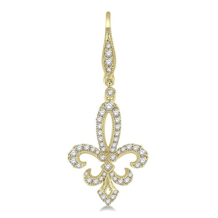3/4 Ctw Fleur De Lis Round Cut Diamond Hanging Earrings in 14K Yellow Gold