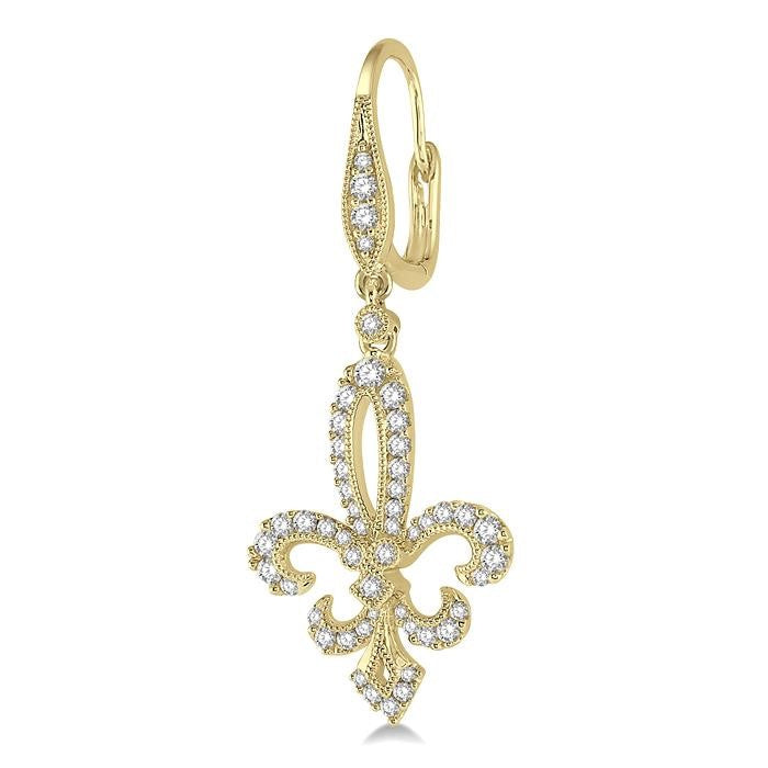 3/4 Ctw Fleur De Lis Round Cut Diamond Hanging Earrings in 14K Yellow Gold