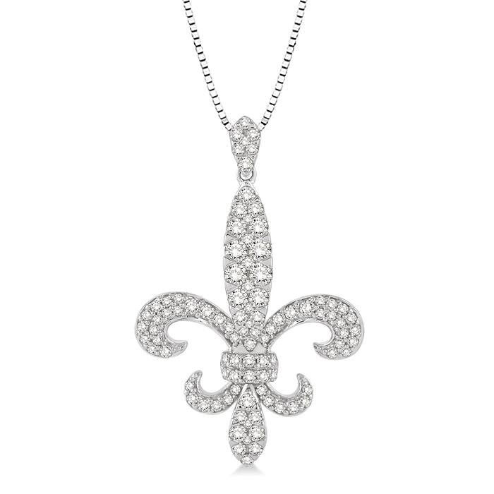 7/8 Ctw Round Cut Diamond Fleur De Lis Pendant in 14K White Gold with Chain
