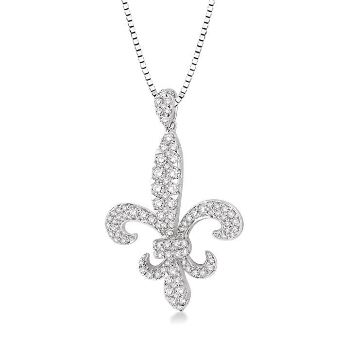 7/8 Ctw Round Cut Diamond Fleur De Lis Pendant in 14K White Gold with Chain