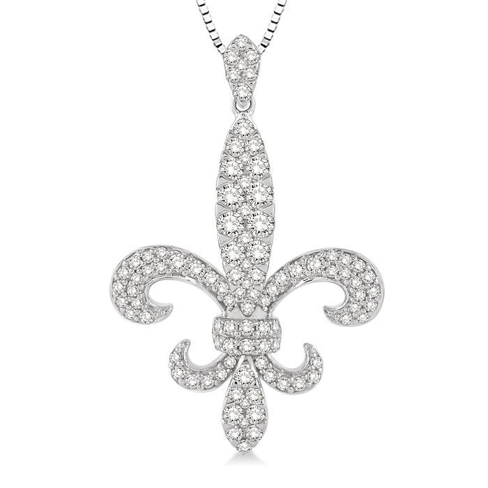 7/8 Ctw Round Cut Diamond Fleur De Lis Pendant in 14K White Gold with Chain
