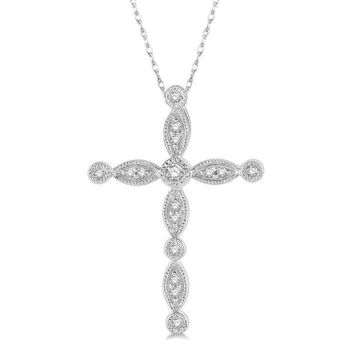 1/10 Ctw Marquise & Circular Mount Cross Charm Round Cut Diamond Pendant With Chain in 10K White Gold