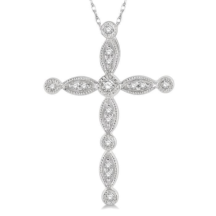1/10 Ctw Marquise & Circular Mount Cross Charm Round Cut Diamond Pendant With Chain in 10K White Gold