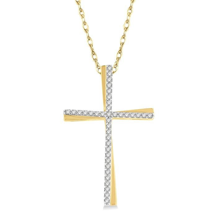 1/6 Ctw Round Cut Diamond Cross Pendant With Chain in 10K Yellow Gold