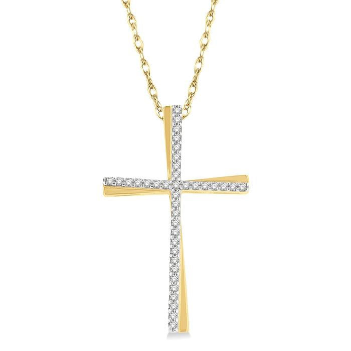 1/6 Ctw Round Cut Diamond Cross Pendant With Chain in 10K Yellow Gold