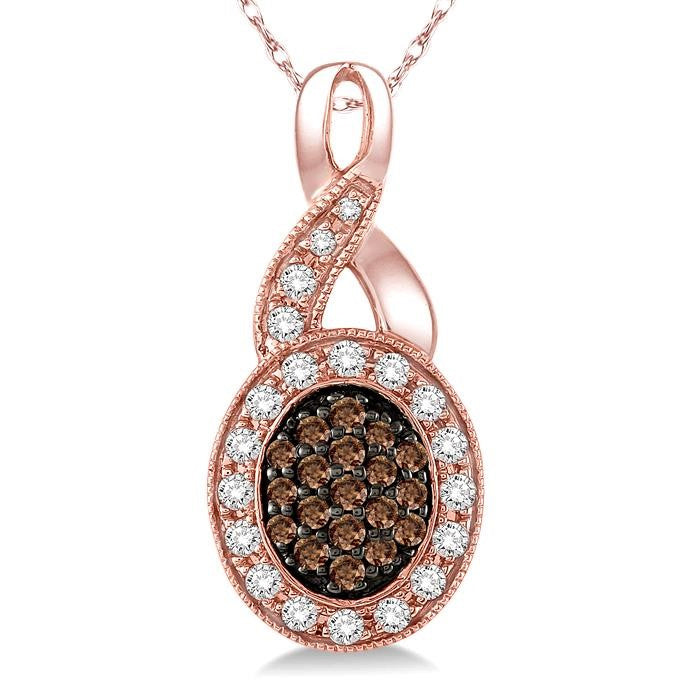 1/3 Ctw Round Cut White and Champagne Brown Diamond Pendant in 10K Rose Gold with Chain