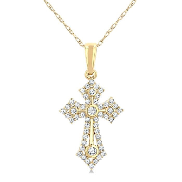 1/4 Ctw Round Cut Diamond Cross Motif Fashion Pendant With Chain in 10K Yellow Gold