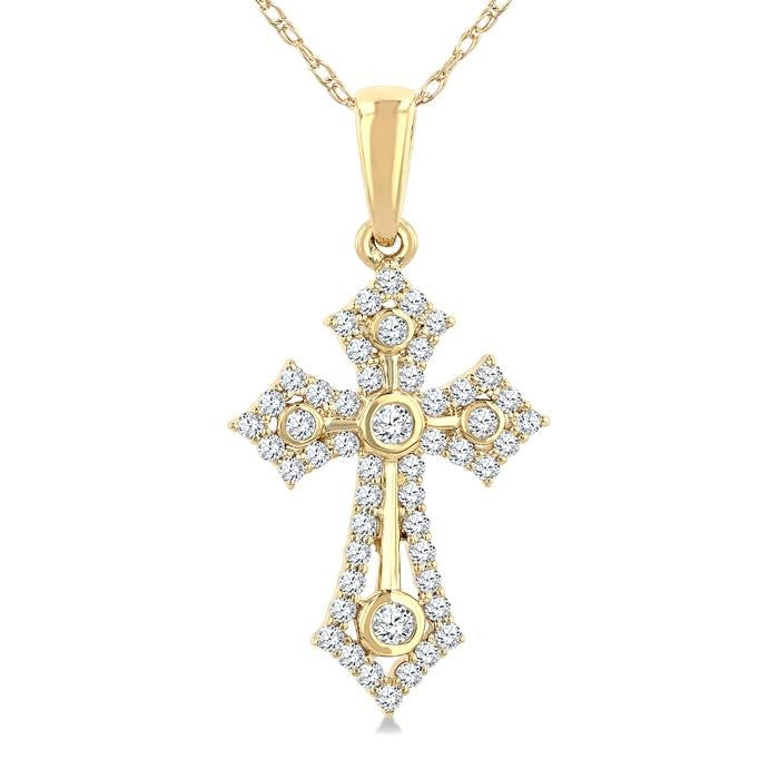 1/4 Ctw Round Cut Diamond Cross Motif Fashion Pendant With Chain in 10K Yellow Gold