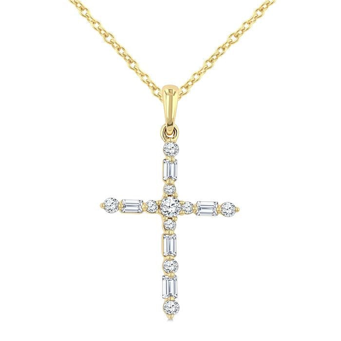1/5 Ctw Latin Cross Fusion Baguette and Round Cut Diamond Fashion Pendant With Chain in 10K Yellow Gold