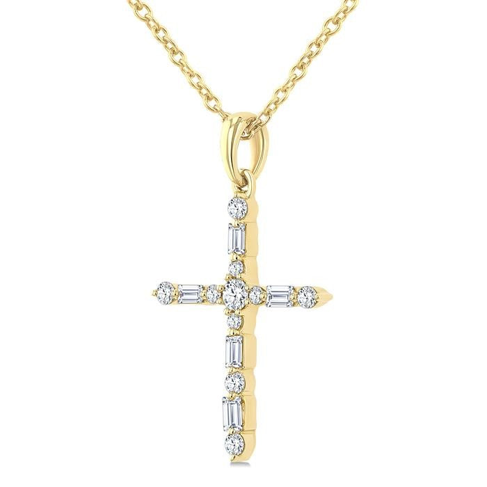 1/5 Ctw Latin Cross Fusion Baguette and Round Cut Diamond Fashion Pendant With Chain in 10K Yellow Gold