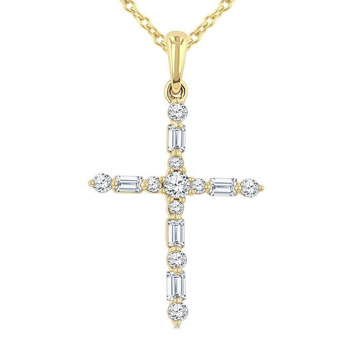 1/5 Ctw Latin Cross Fusion Baguette and Round Cut Diamond Fashion Pendant With Chain in 10K Yellow Gold