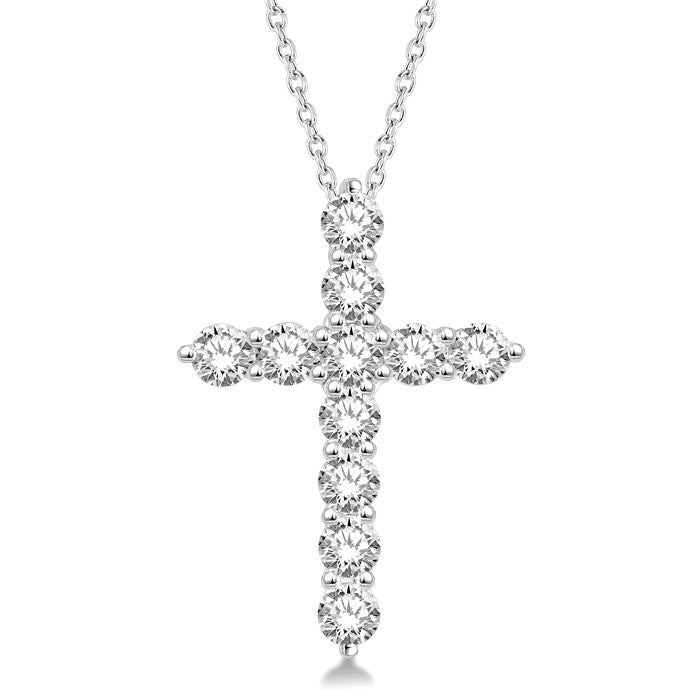 1 1/2 Ctw Round Cut Diamond Cross Pendant in 14K White Gold with Chain