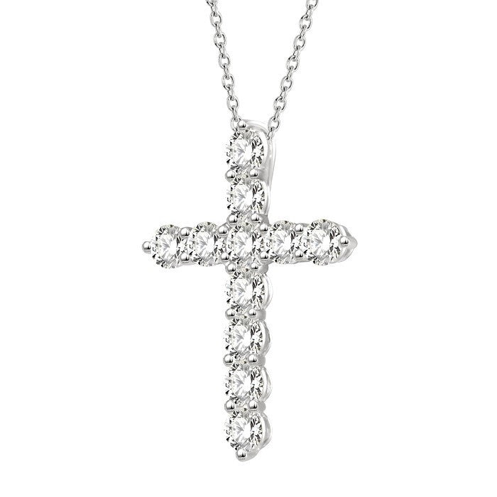 1 1/2 Ctw Round Cut Diamond Cross Pendant in 14K White Gold with Chain